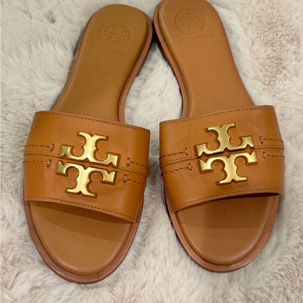 Tory Burch logo tan slide sandals Eleanor size 5